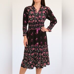 Just Bellina Dark Brown Black Pink Floral Long Sleeve Midi Dress Sz Medium